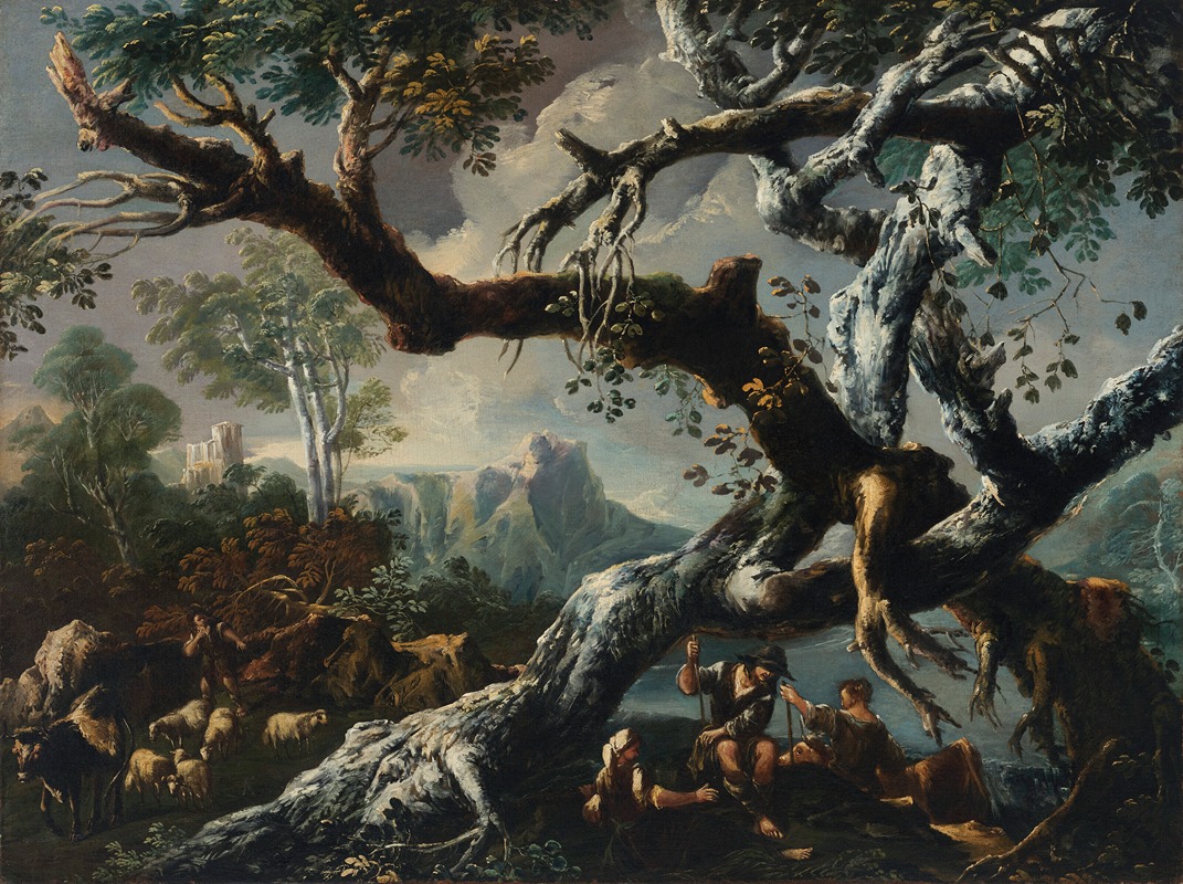 Giulio Bucci - Shepherds beneath a tree on a clifftop