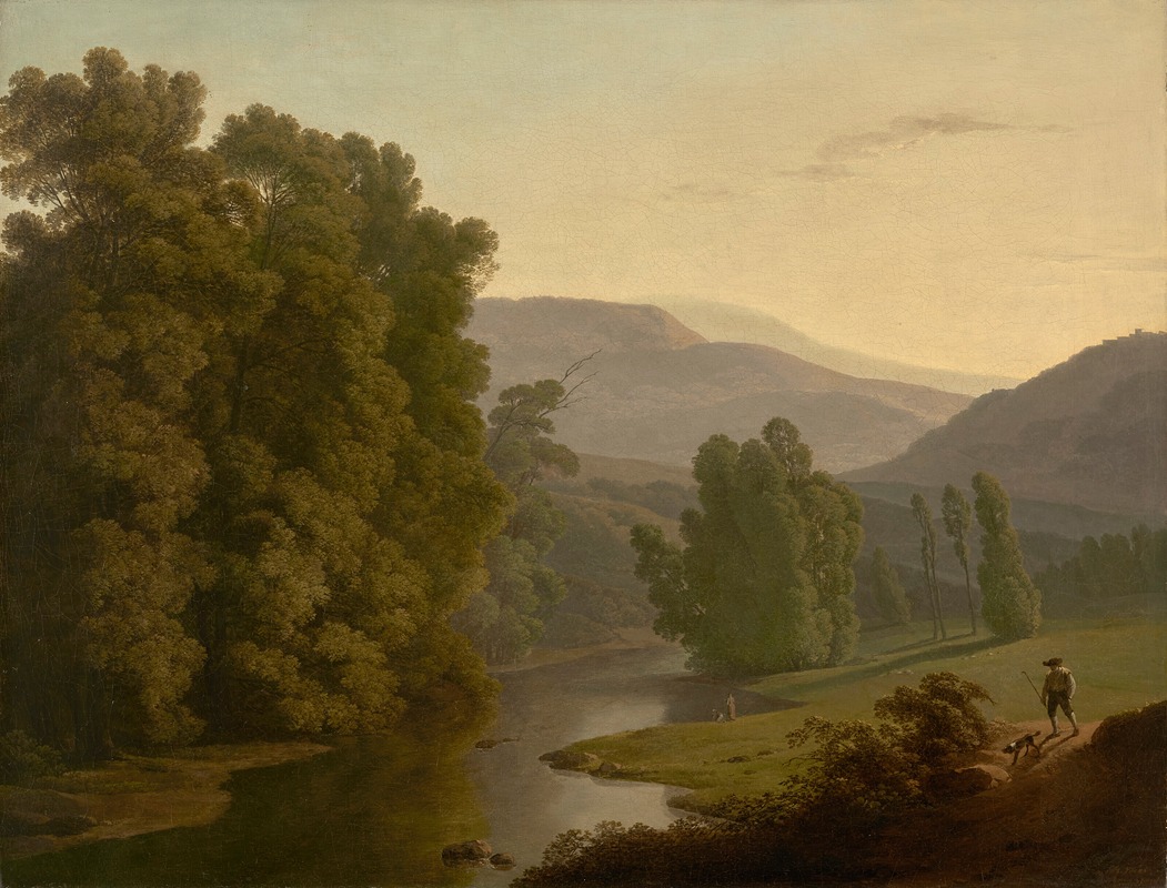 Hendrik Voogd - A landscape with figures by a river and mountains in the distance