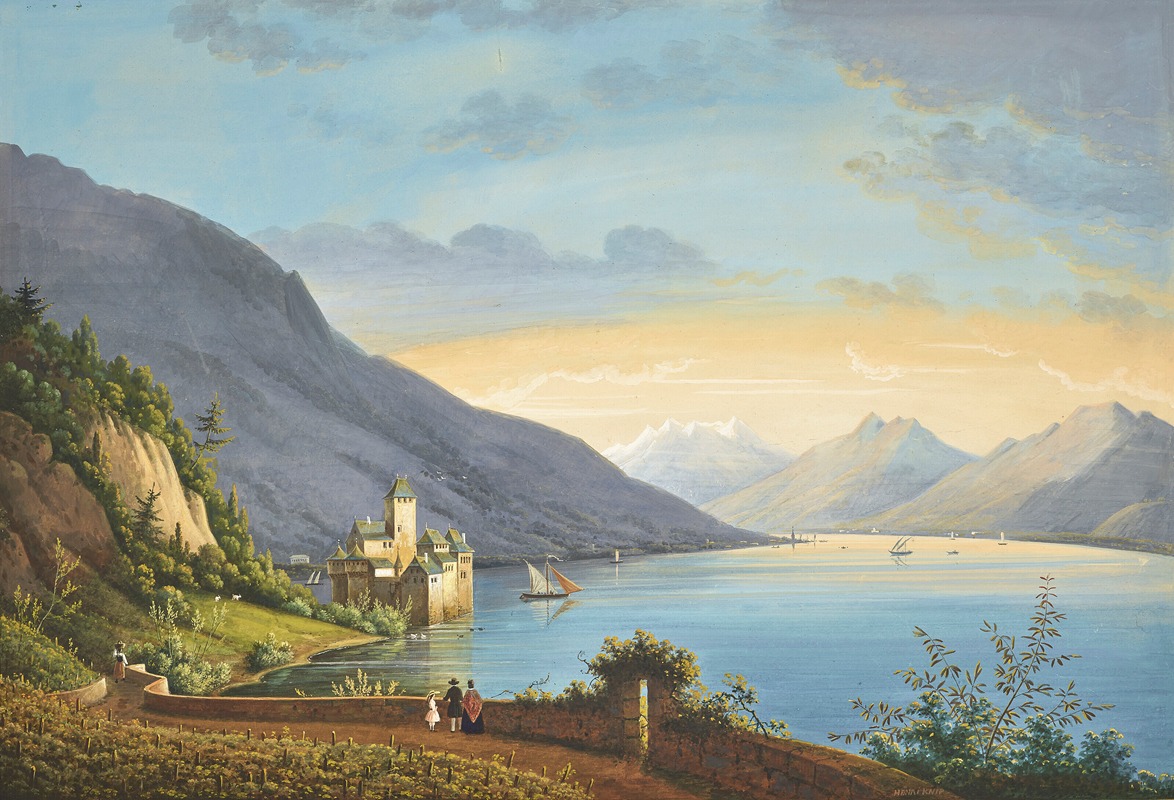 Hendrikus Johannes Knip - A view of Lake Geneva, with figures at a vineyard in the foreground, the Château de Chillon beyond