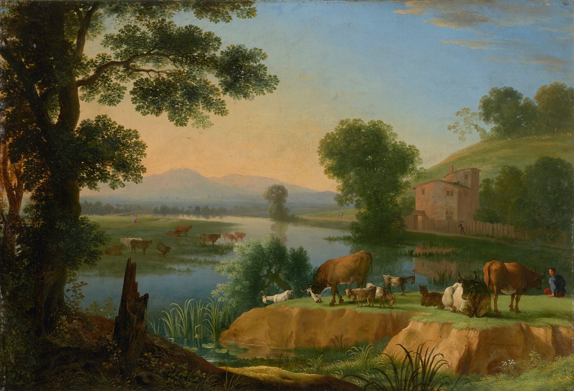 Herman van Swanevelt - A river landscape with goats and cattle, a farmhouse beyond