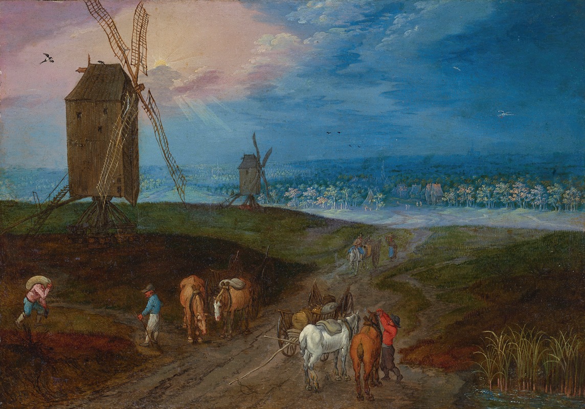 Jan Brueghel the Younger - An extensive landscape with travelers before a windmill