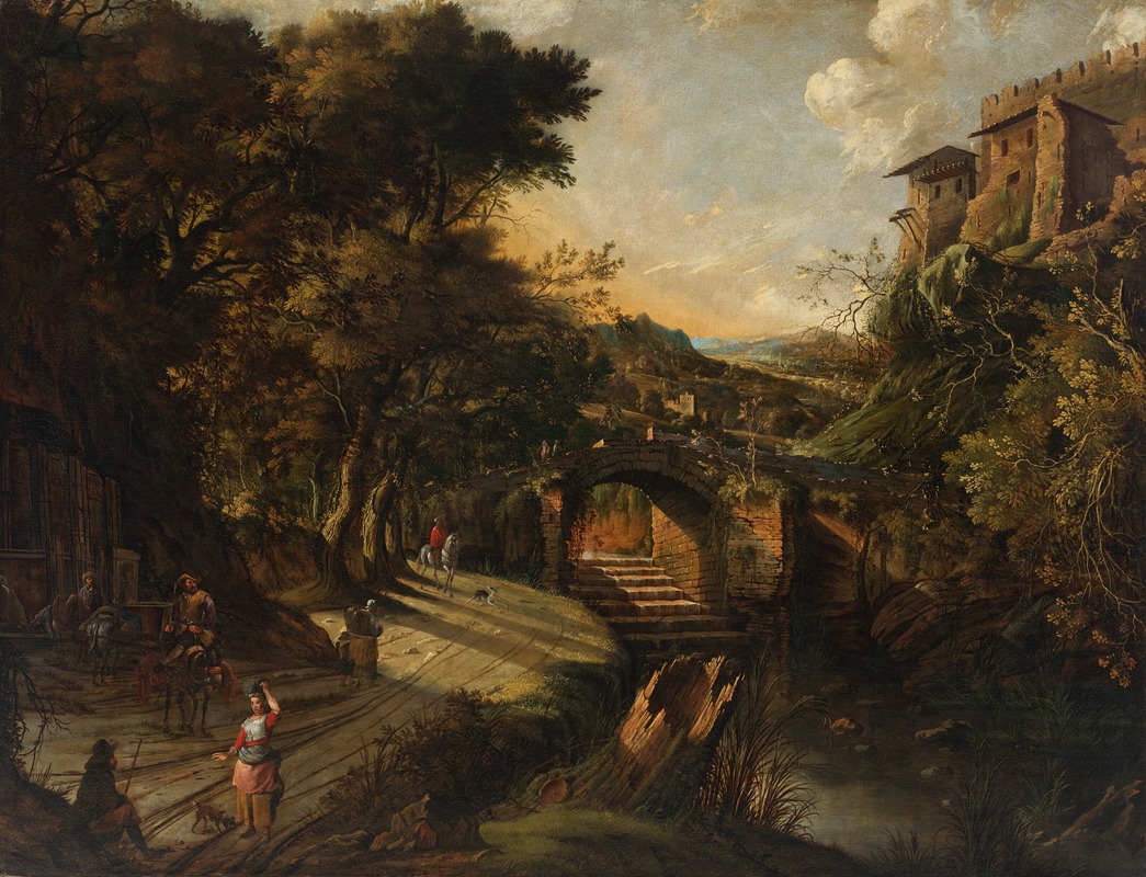 Jan Siberechts - An Italianate river landscape with figures along a path and buildings beyond