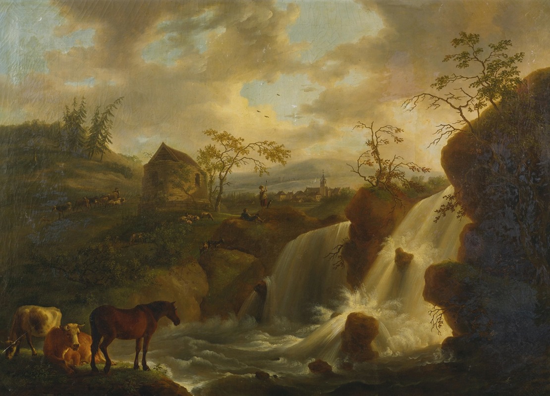 Jean Baptiste De Roy - A Horse and Cows by a Rushing River