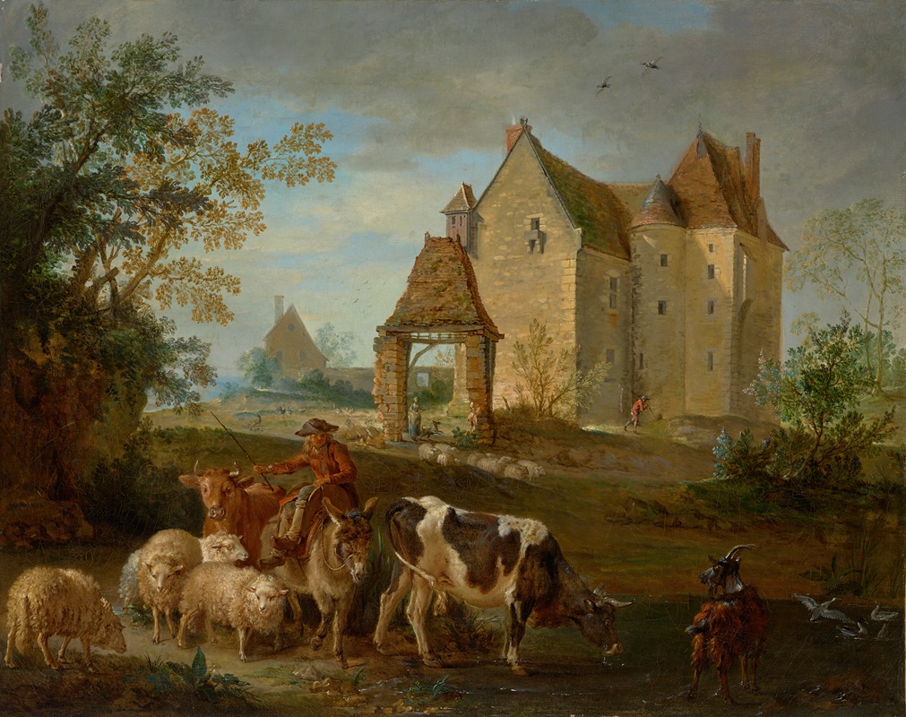 Jean-Baptiste Oudry - A landscape with a shepherd driving animals to pasture, a castle beyond