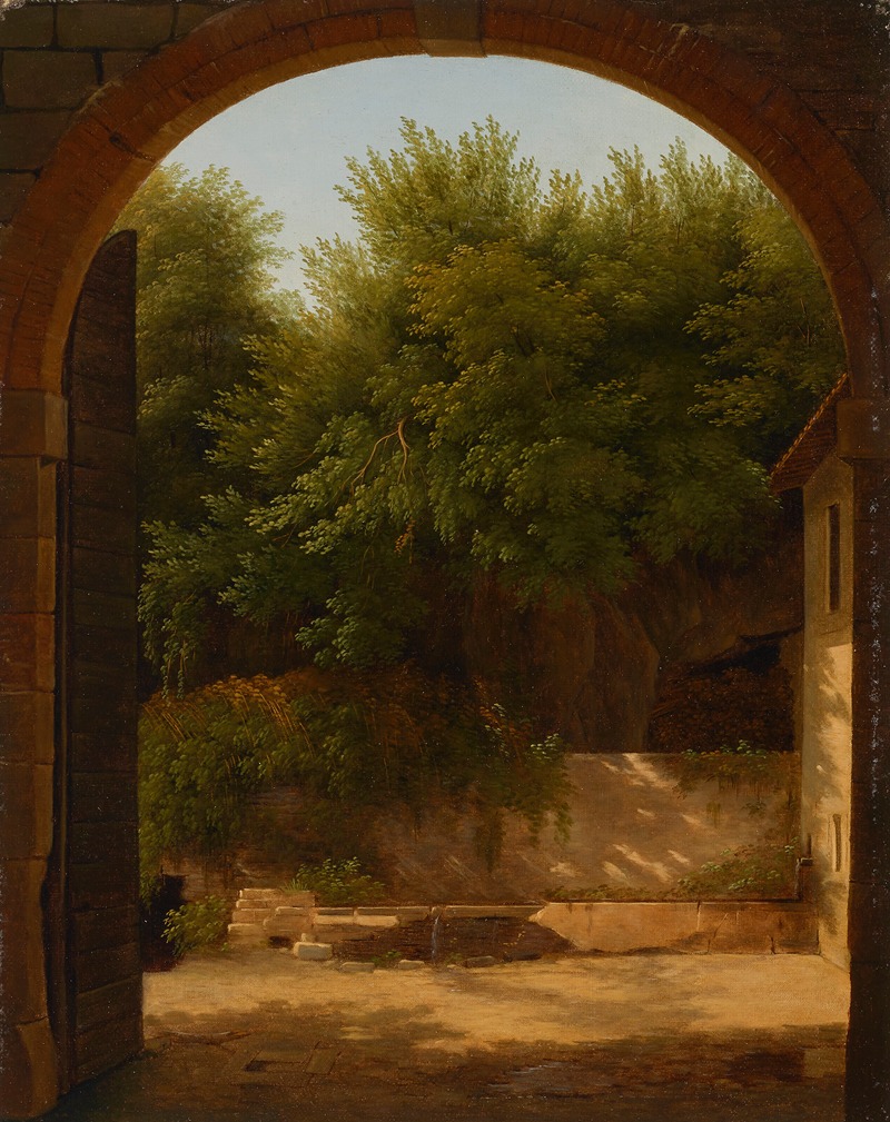 Jean-Victor Bertin - A view of a sunlit courtyard with a trough, seen through an archway
