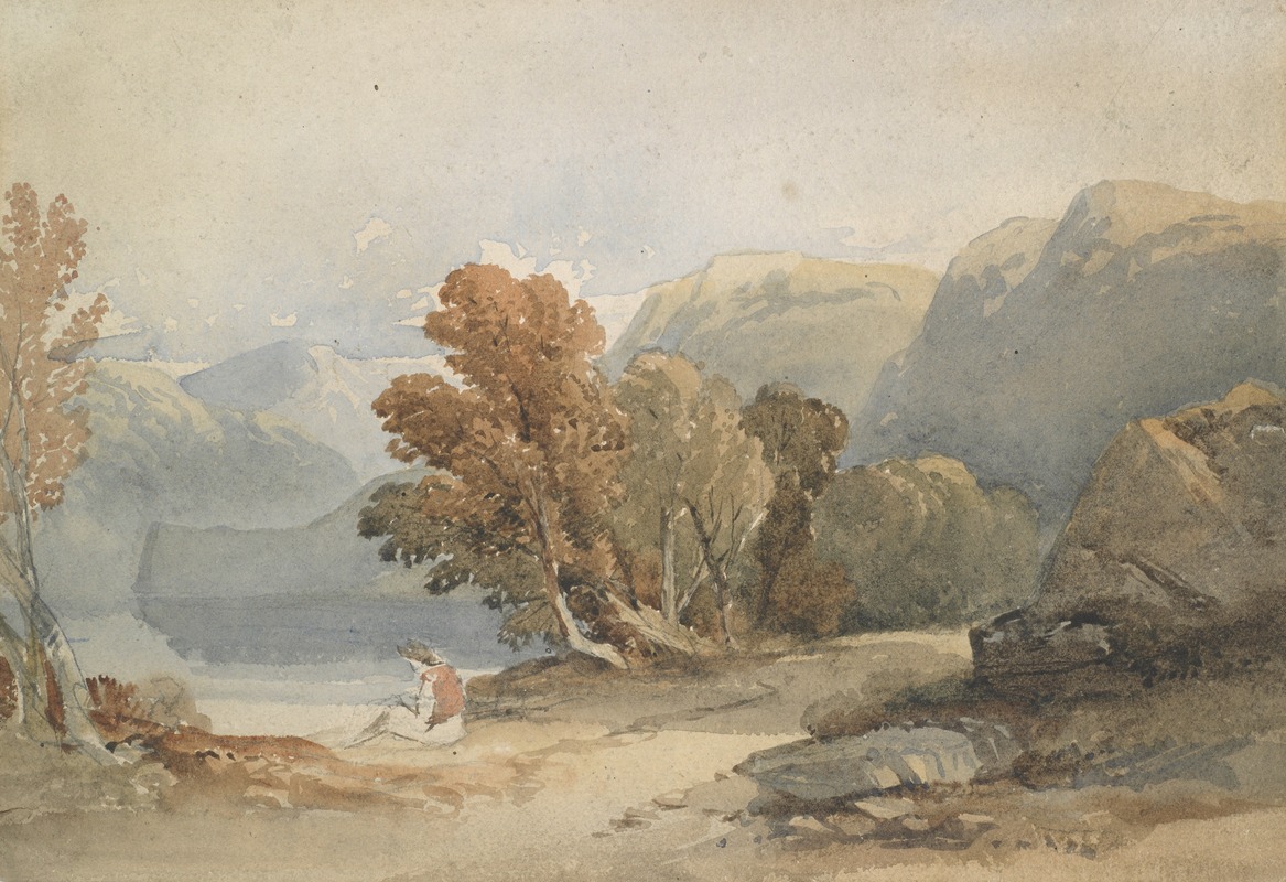 John Varley - Landscape, lake and figure