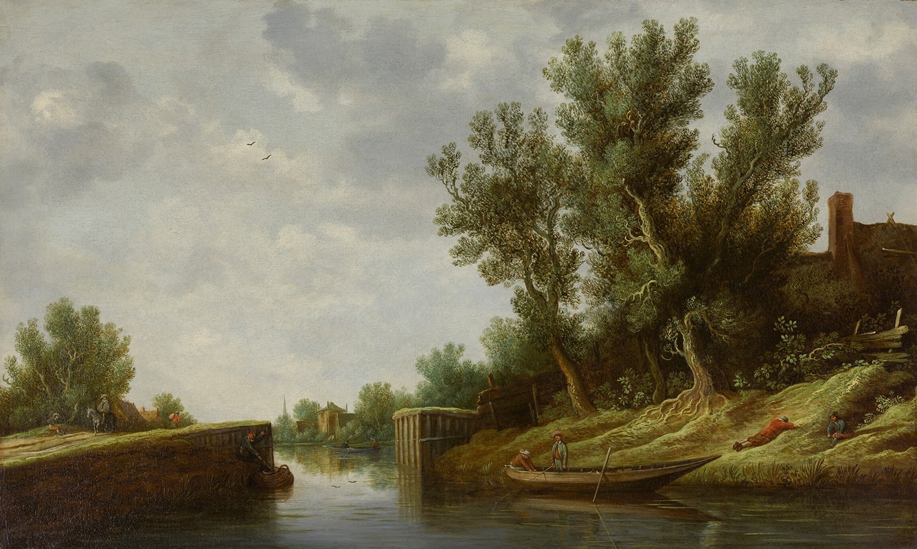 Pieter de Neyn - A river landscape with a sluice gate and boats