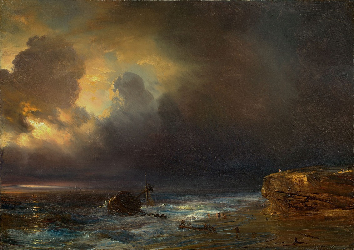 Théodore Gudin - Coastal scene by moonlight