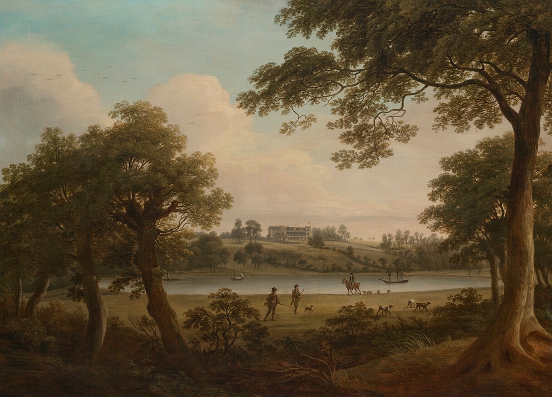 William Ashford - Sportsmen in a wooded river landscape, a country house beyond