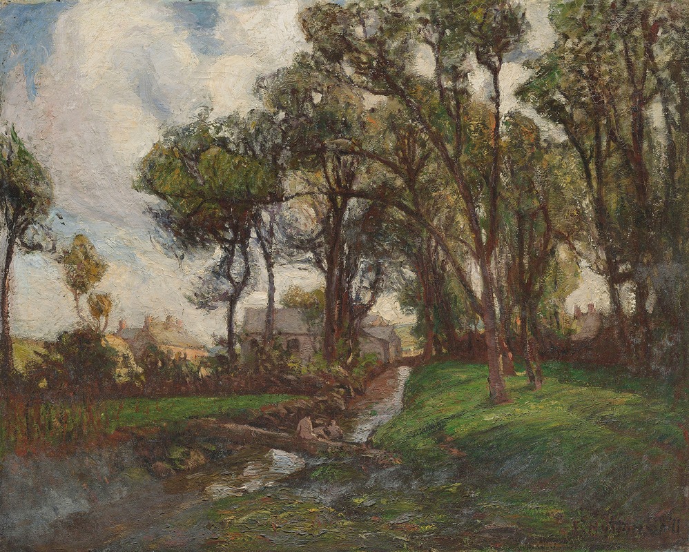 Frank Hutton Shill - Figures bathing in a stream