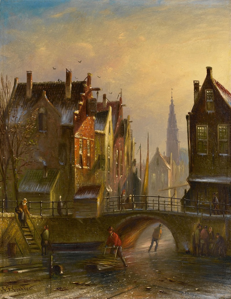 Johannes Franciscus Spohler - Skaters on a canal in Amsterdam with a view of the Zuiderkerk beyond