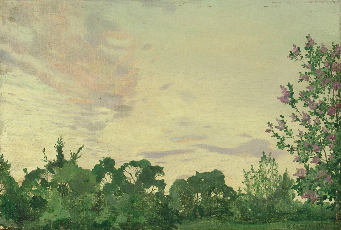 Konstantin Andreevich Somov - Twilight. Evening landscape with a lilac bush on the right
