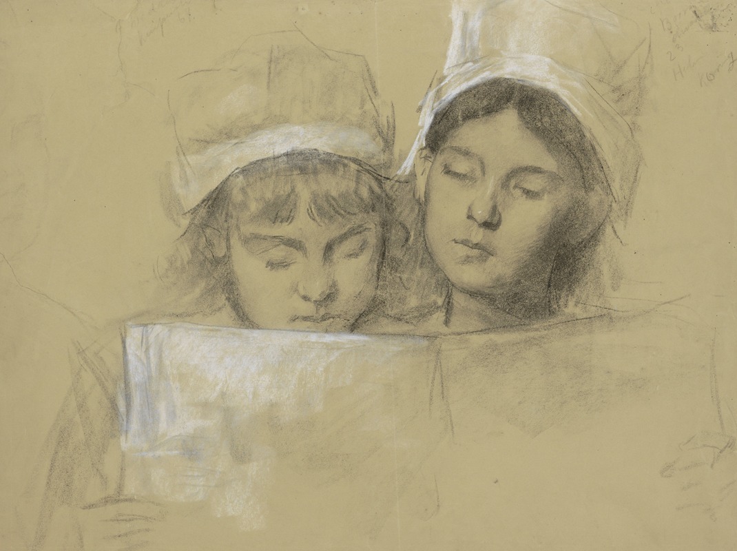 Thérèse Schwartze - Twee meisjes met witte mutsen, lezend in een boek
