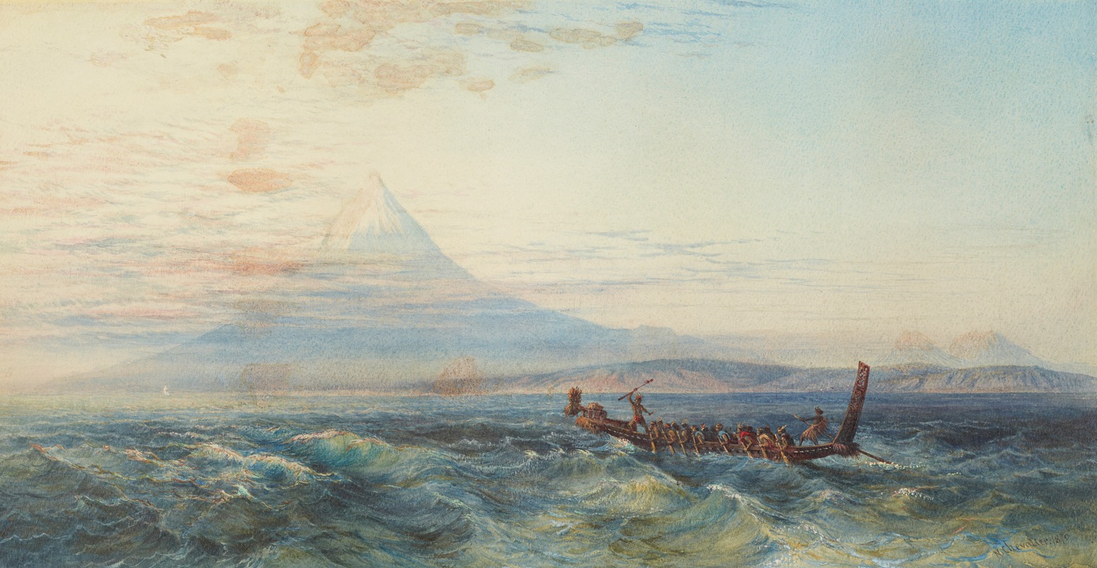 Nicholas Chevalier - Maori war canoe approaching Taranaki