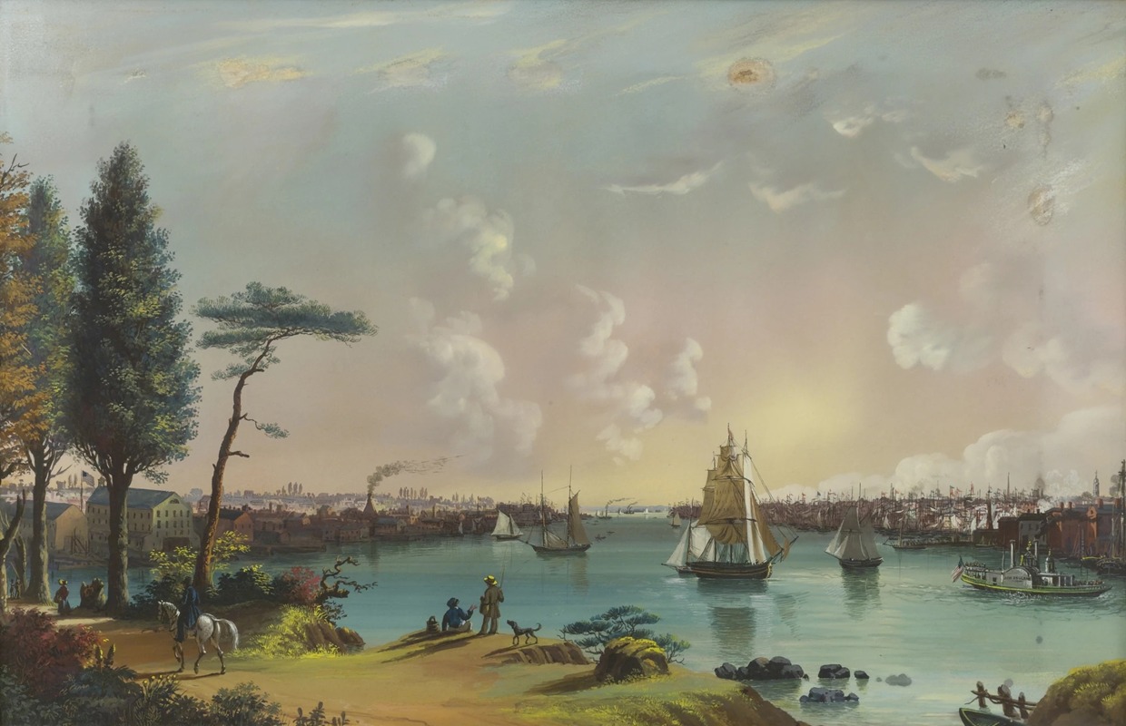 Nicolino Calyo - The East River Looking Southwest, Blackwell’s island in Foreground, the Navy Yard at Extreme Left and View of Lower New York from Jersey City