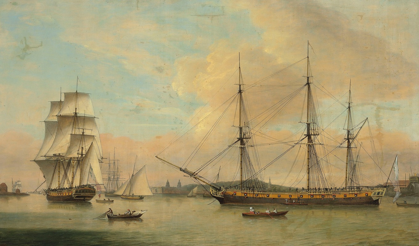 Thomas Luny - The Monsieur in two positions off Deptford dockyard, with Greenwich beyond