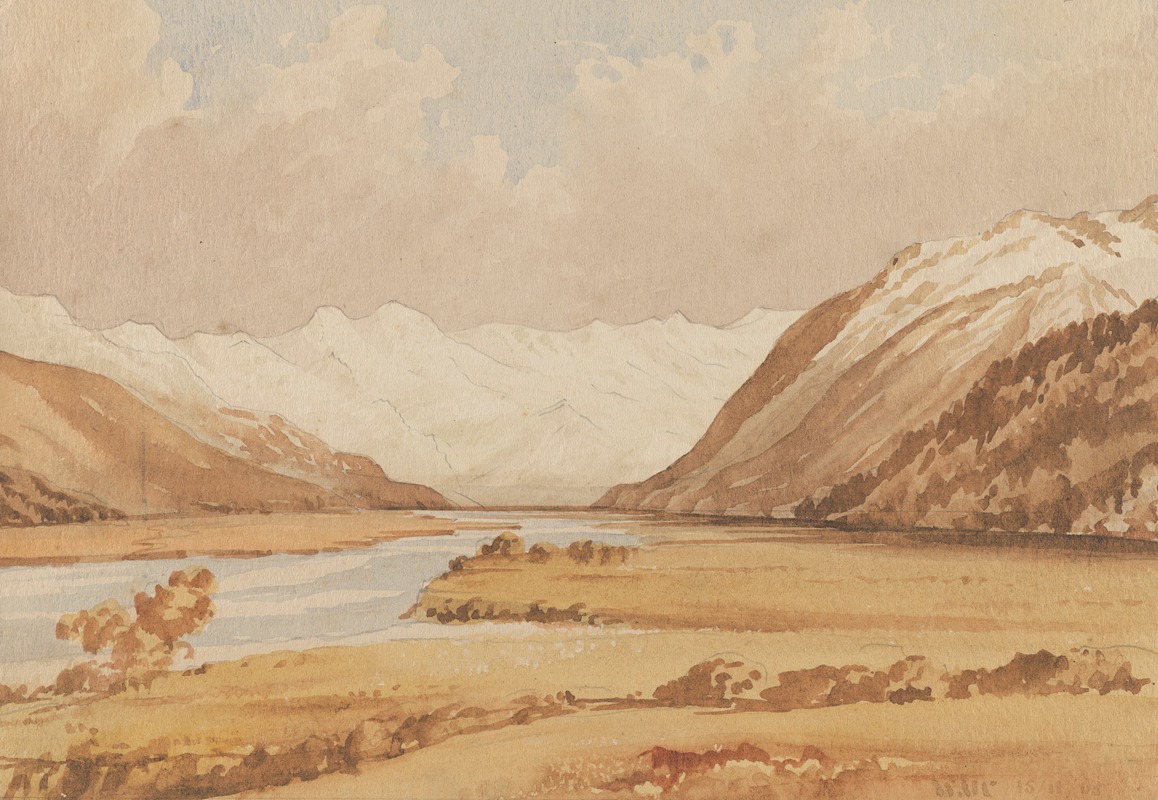 William Marshall Cooper - View up Waimakariri from Bealey township, Mt Davie in distance