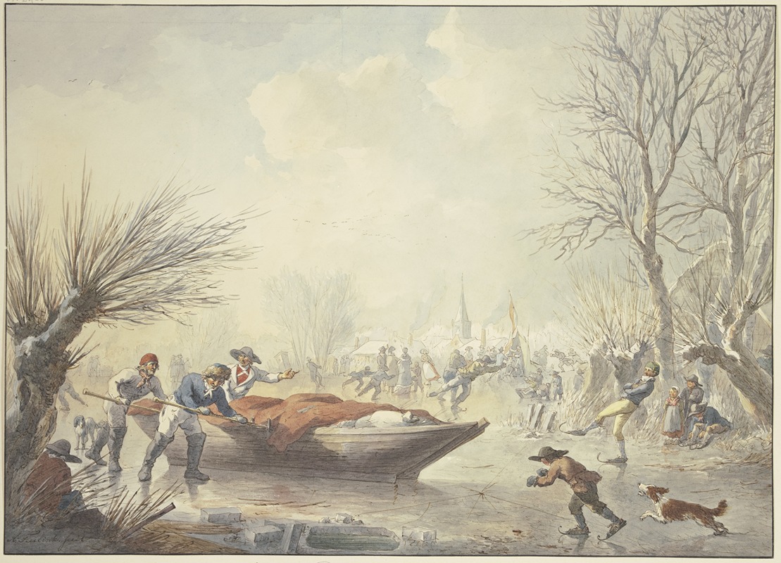 Abraham Teerlink - Winterlandschaft, auf dem Eis schieben drei Männer ein Boot dem Land zu, rechts ein Schlittschuhläufer, den ein Hund verfolgt