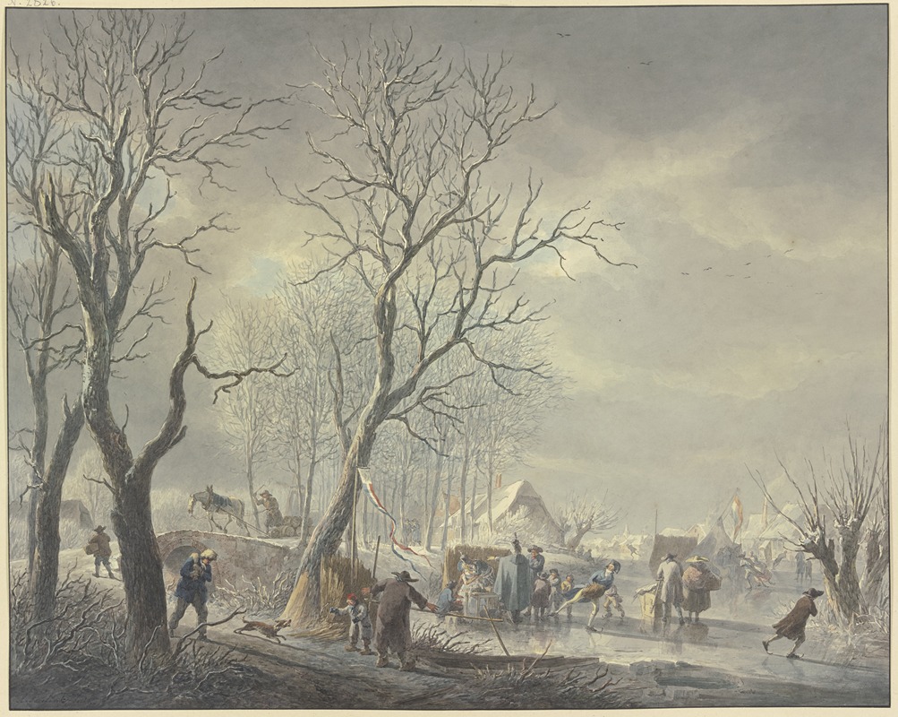 Abraham Teerlink - Winterlandschaft, Schlittschuhläufer bei Zelten auf dem Kanal, ein Husar umarmt ein Getränke haltendes Mädchen