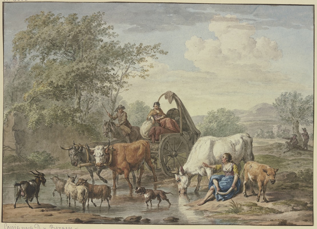 Aert Schouman - Hirten fahren mit einem Wagen durchs Wasser, rechts eine Hirtin, die sich die Füße wäscht, bei einer weißen Kuh