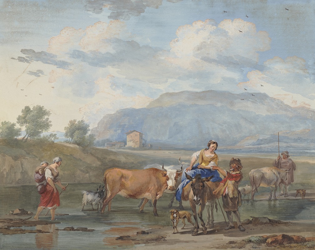 Aert Schouman - Hirten treiben Kühe durch ein Wasser, links trägt eine Frau ihr Kind auf dem Rücken, rechs reitet eine andere auf einem Esel