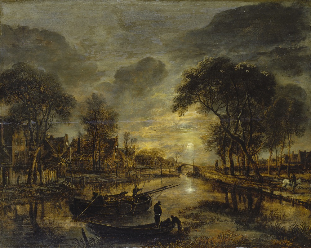 Aert van der Neer - Nocturnal Canal Landscape with Fishing Boats