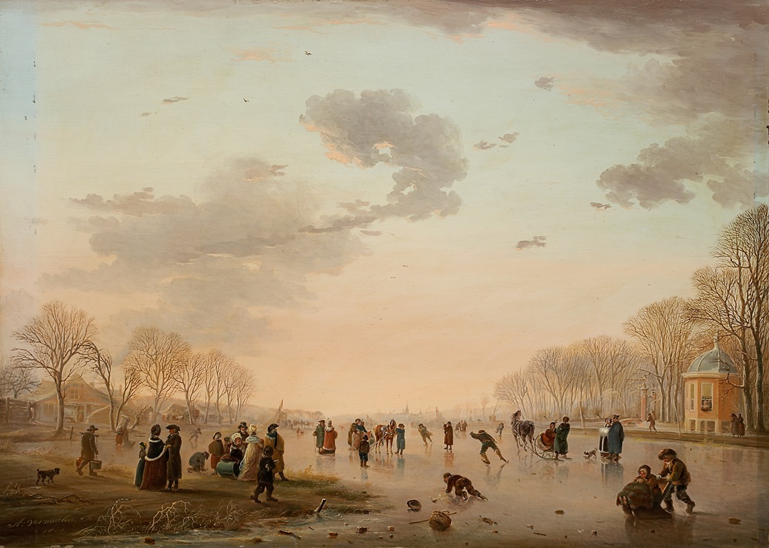 Andries Vermeulen - Winter Landscape with Ice Skaters on a River