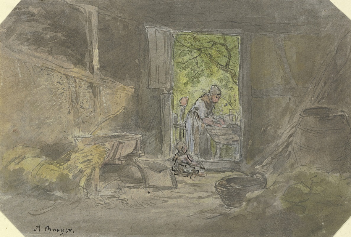 Anton Burger - Bauernsscheune, vor der geöffneten Tür am Waschtrog eine Frau beschäftigt