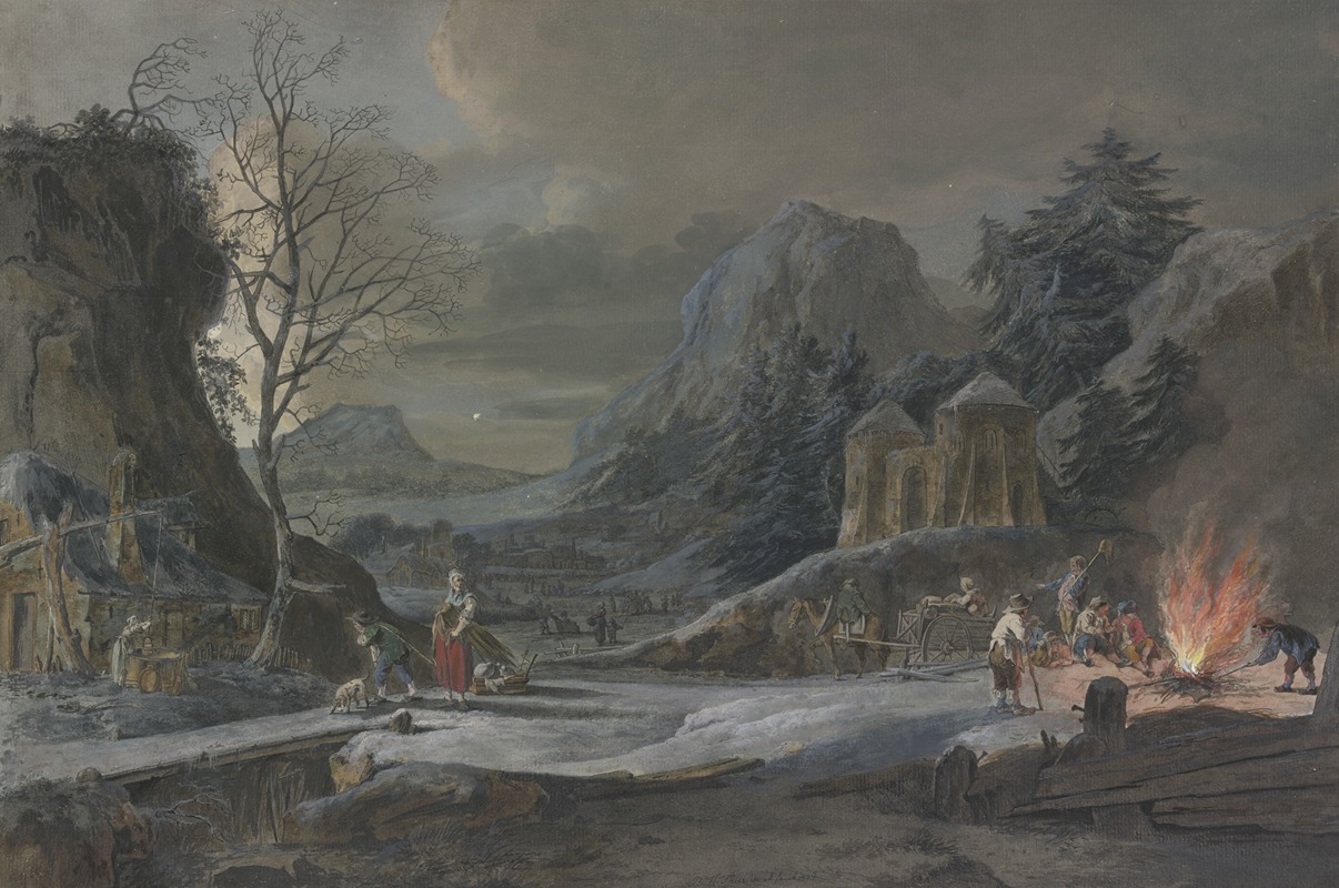 Bernhard Hendrik Thier - Winterlandschaft im Mondschein, rechts unterhalten Bauern ein großes Feuer