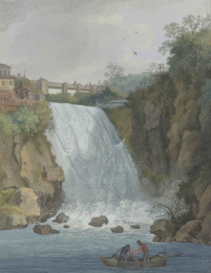 Carl Ludwig Hackert - Wasserfall, über den eine Brücke führt, im Vordergrund zwei Fischer in einem Boot