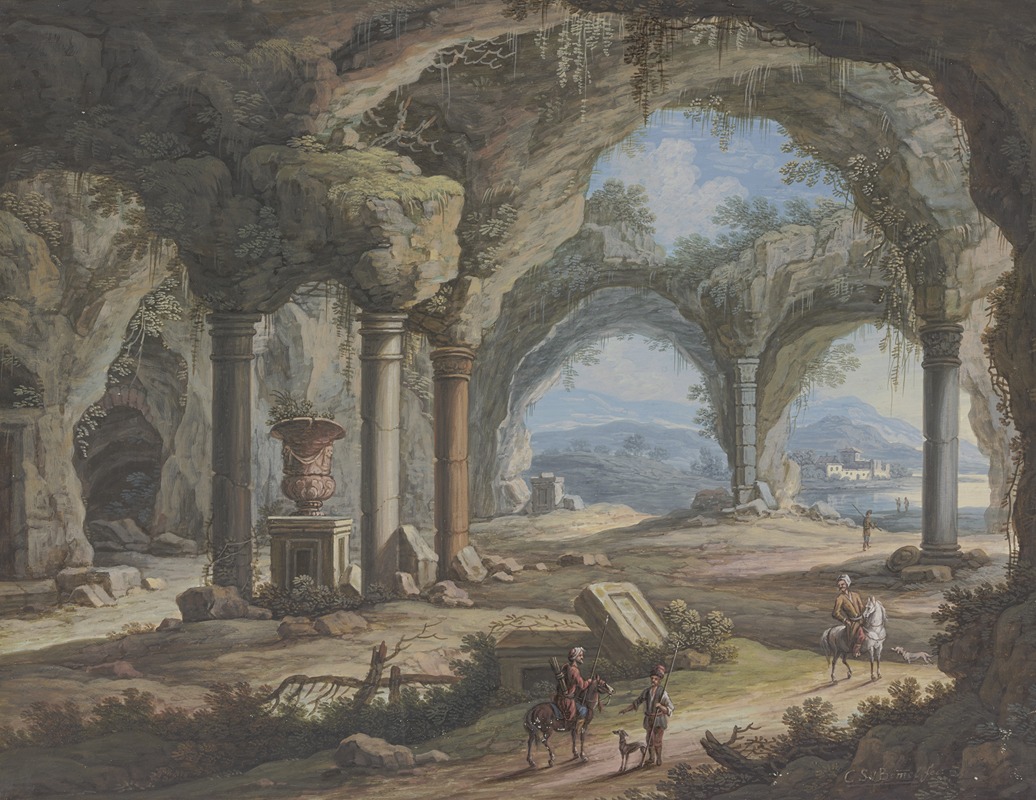 Carl Sebastian von Bemmel - Inneres einer säulengestützten Grotte, darin eine große Vase