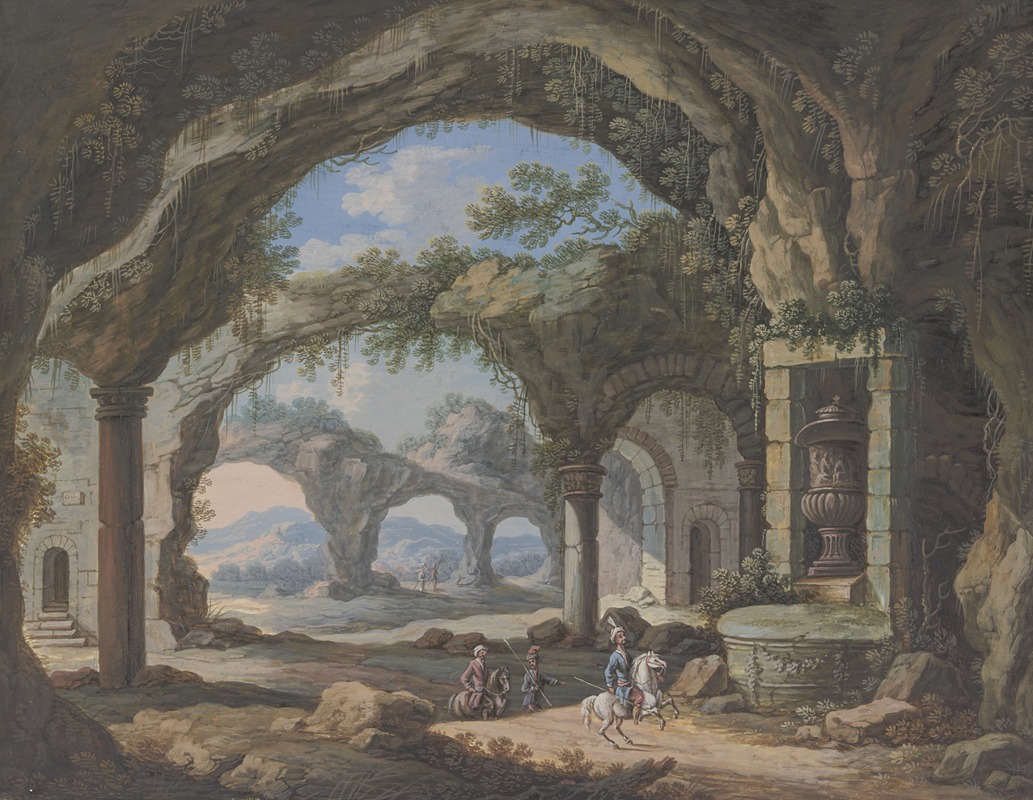 Carl Sebastian von Bemmel - Inneres einer säulengestützten Grotte, darin in einer Nische eine große Vase