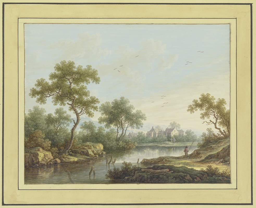 Carl Sebastian von Bemmel - Landschaft mit einem Fluß, an dessen von Bäumen bestandenem Ufer rechts ein Angler steht