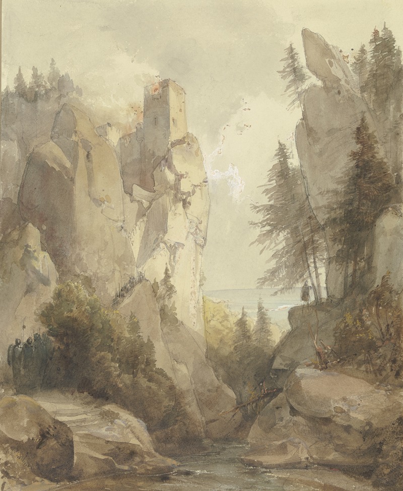 Caspar Scheuren - Eine brennende Burg auf einem Felsen