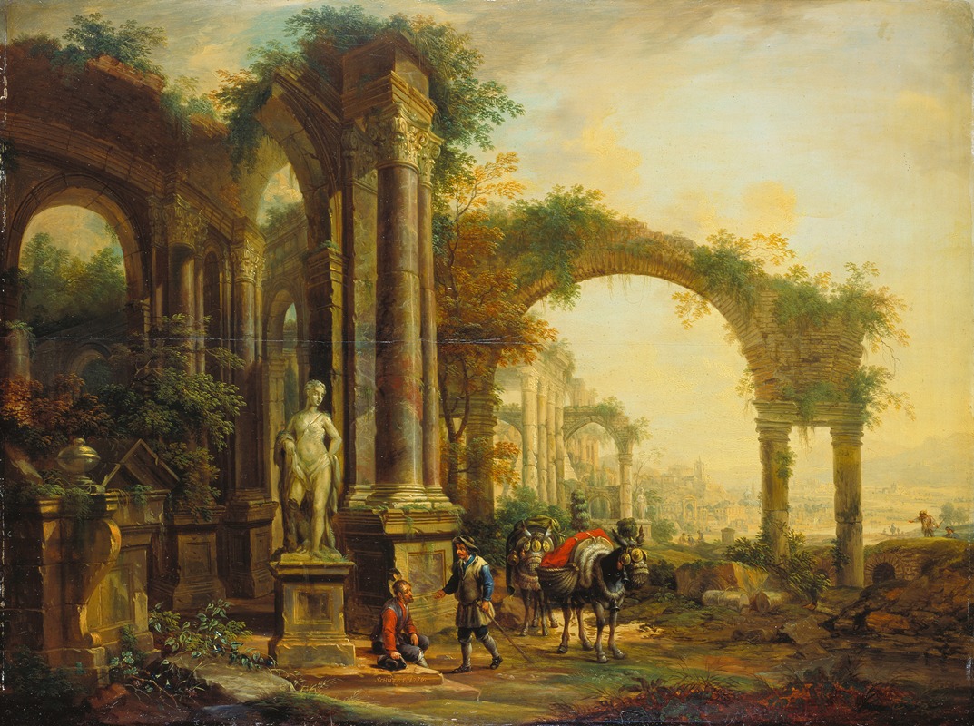 Christian Georg Schütz the elder - Landscape with Ancient Ruins and Two Pack Mules