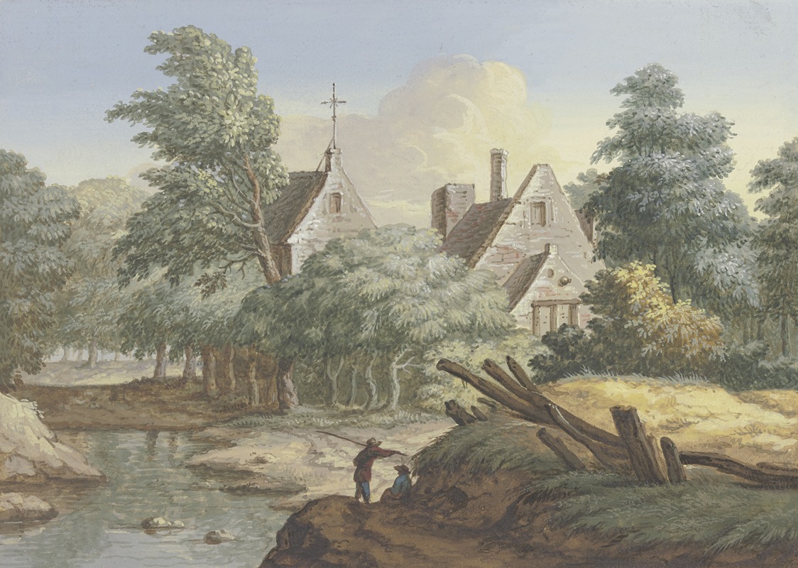 Christian Georg Schütz the Younger - Dörfchen zwischen Bäumen an einem Bach, im Vordergrund zwei Figuren
