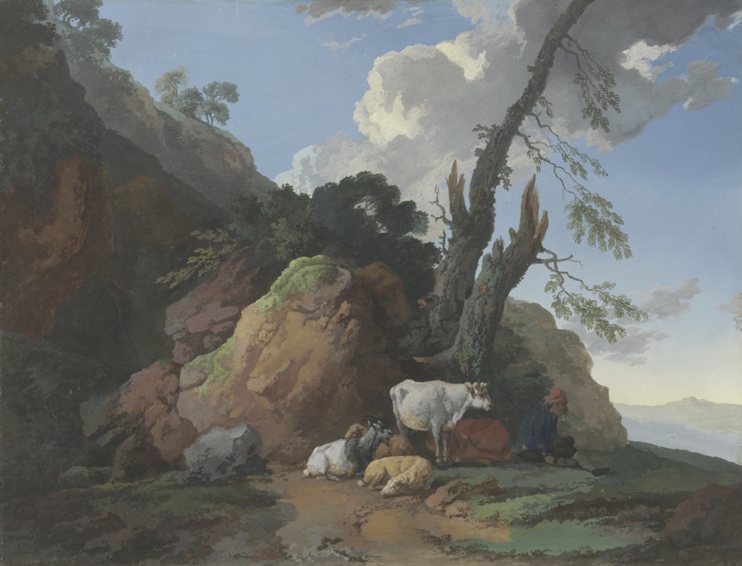 Christian Wilhelm Ernst Dietrich - Felsige Gegend mit einem Hirten, zwei Kühen, zwei Schafen und einer Ziege