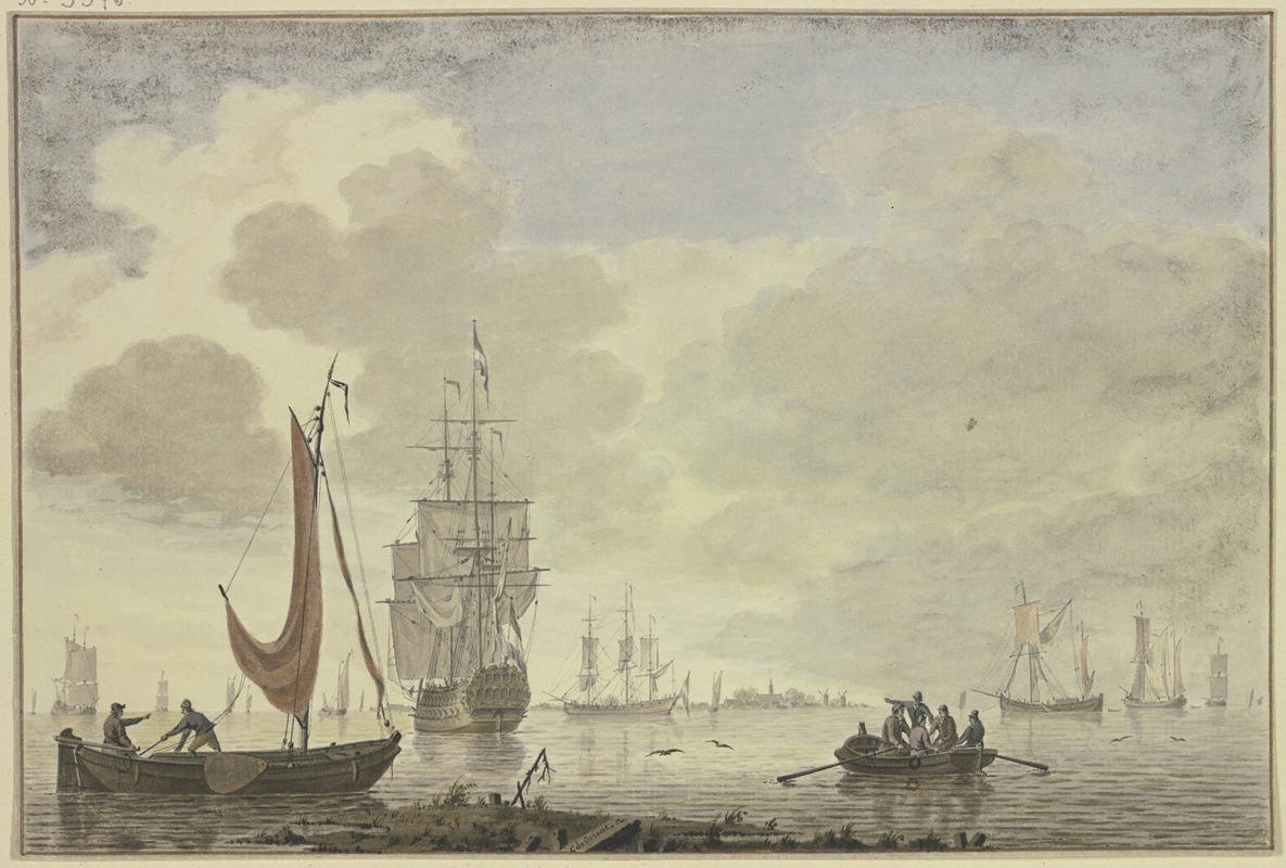 Cornelis de Grient - Marine, rechts ein Ruderboot mit fünf Figuren