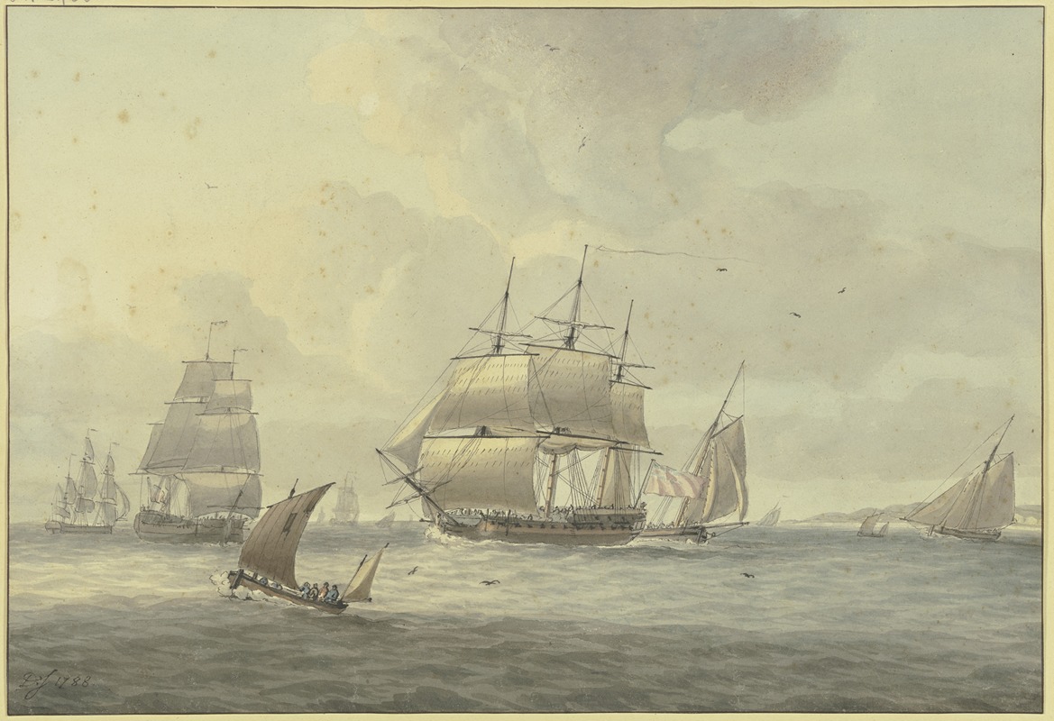 Dominic Serres - Leicht bewegte See, unter vielen Schiffen ein Dreimaster mit vollen Segeln nach links, vorne ein Segelboot