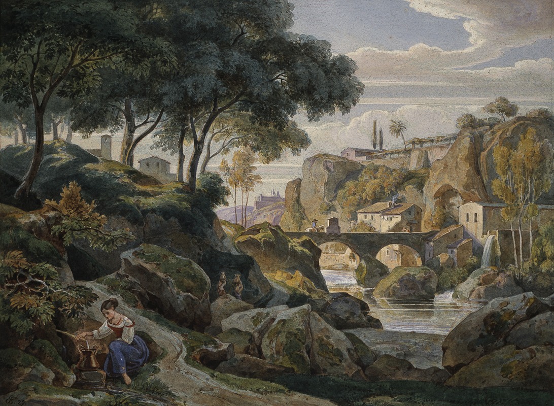 Ernst Fries - Italienische Gebirgslandschaft mit steinerner Brücke