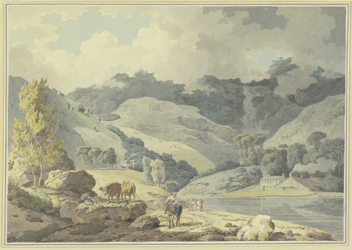 Francis Wheatley - Gebirgslandschaft, auf dem Weg ein Mädchen zu Pferde, links zwei Kühe