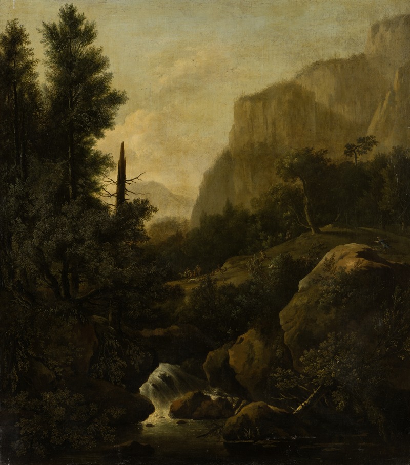 Frederik de Moucheron - Mountain Landscape with Deer Hunt at a Waterfall
