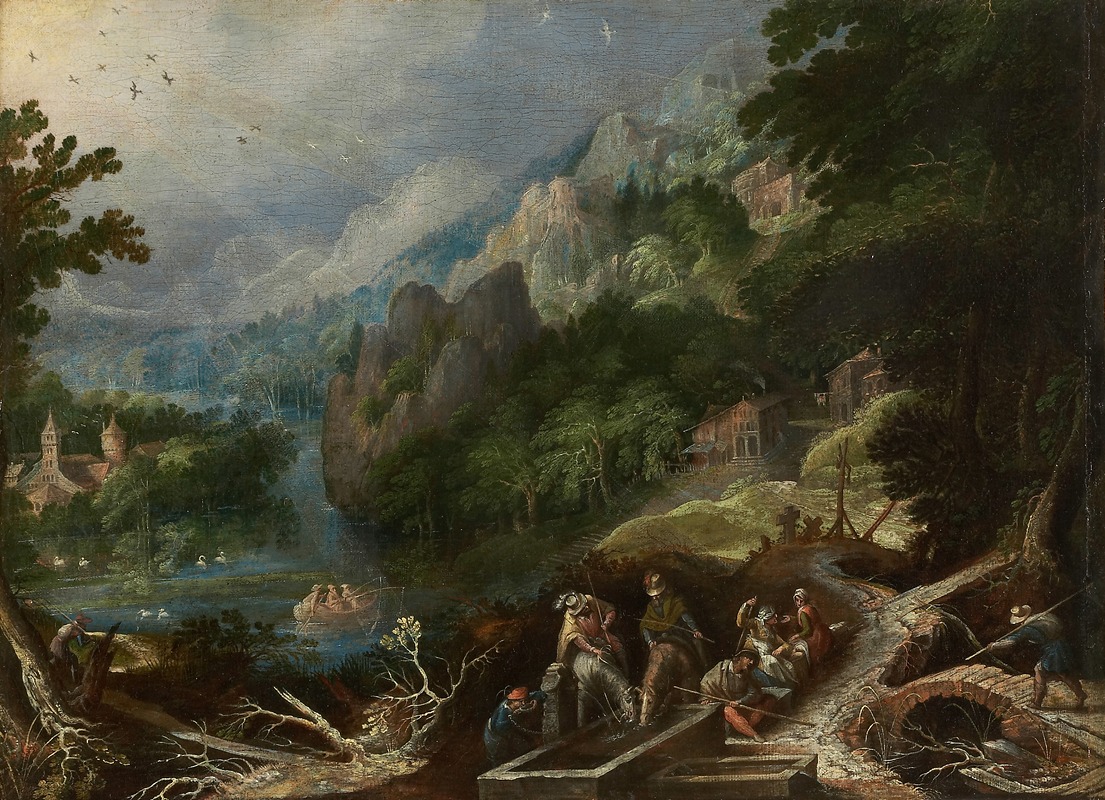 Frederik Van Valckenborch - Mountain Landscape with Travelers at a Well