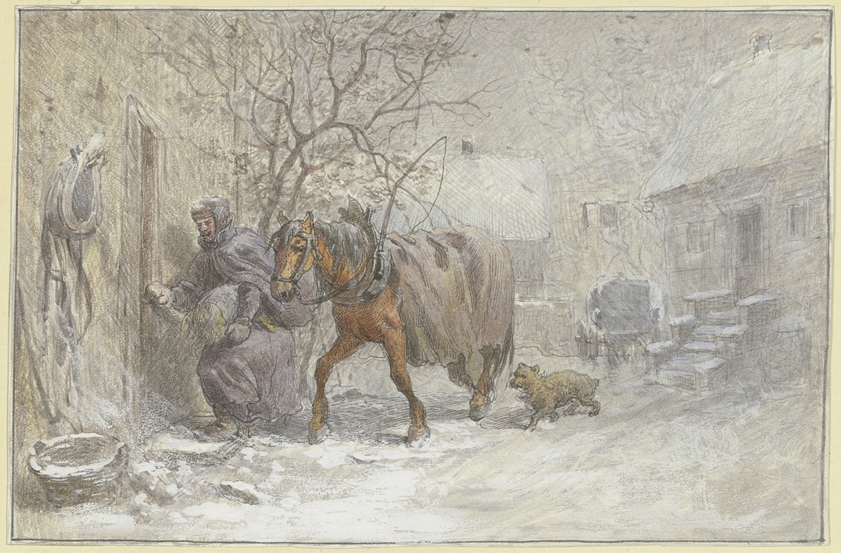 Heinrich Winter - Gutshof im Winter, ein Pferd wird vom Kutscher in den Stall geführt