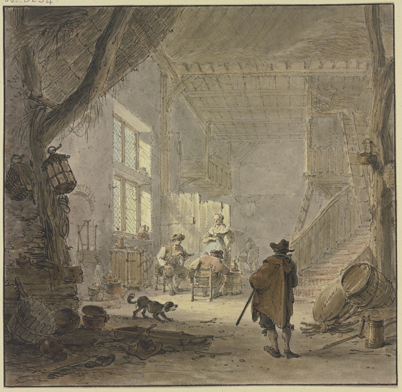 Hendrik Meyer - Das Innere eines Hauses, am Fenster zwei Männer und eine Frau, im Vordergrund ein Mann von hinten
