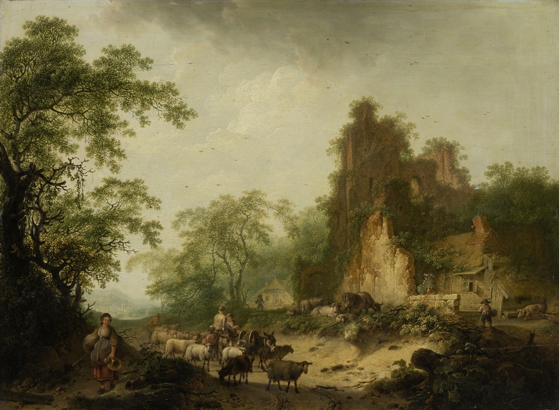 Hendrik Meyer - Landscape with Herd of Sheep in Front of a Peasant Hut in a Ruins