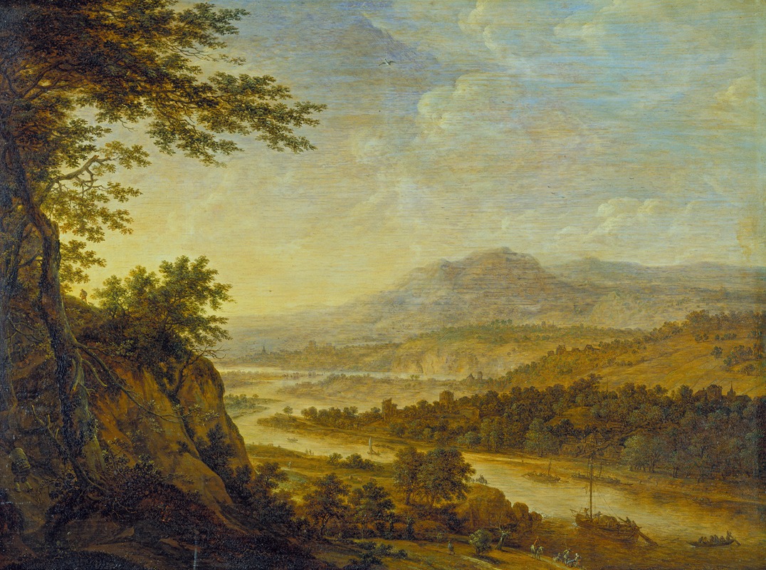 River Landscape with Rise of Cliffs by Herman Saftleven III - Artvee