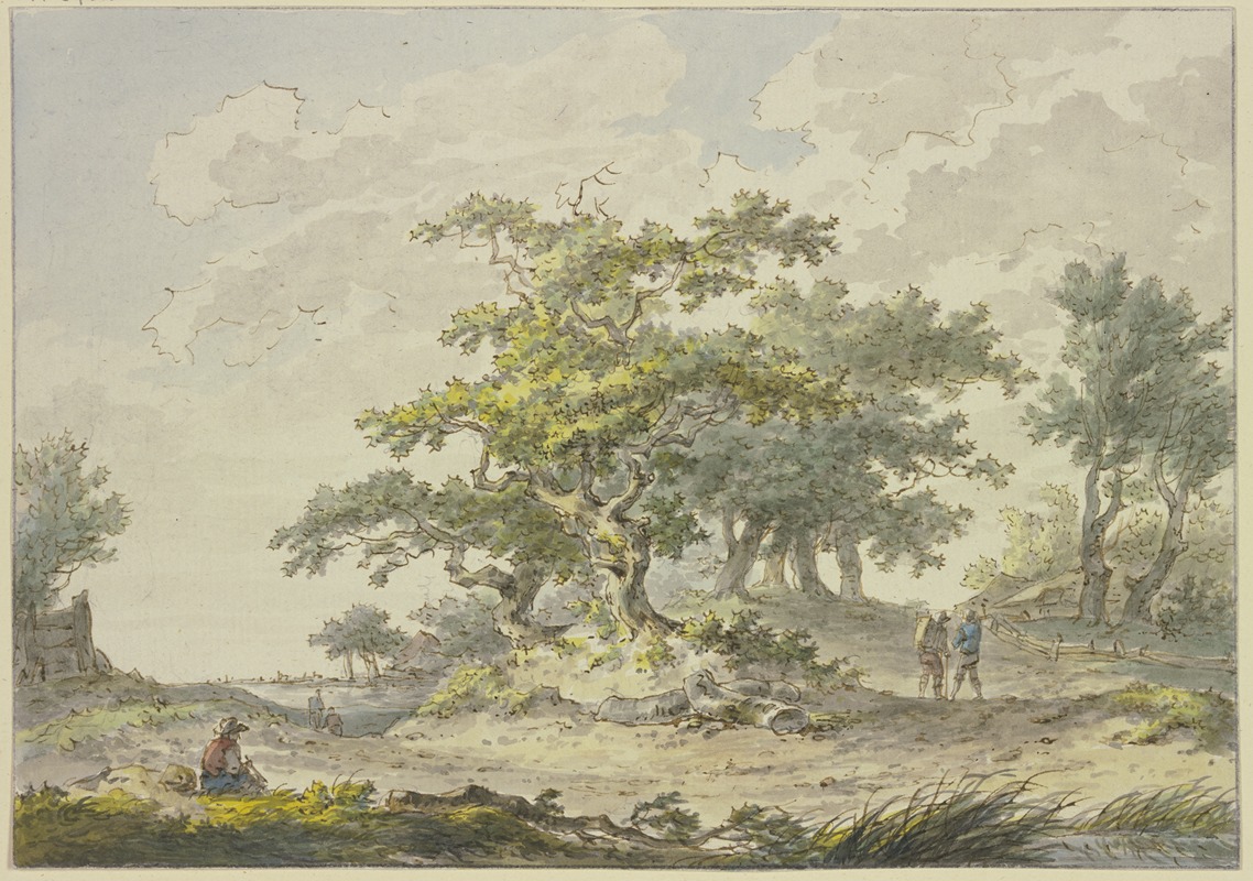 Hermanus van Brussel - Gruppen von Eichbäumen, rechts zwei Wanderer, links eine sitzende Figur