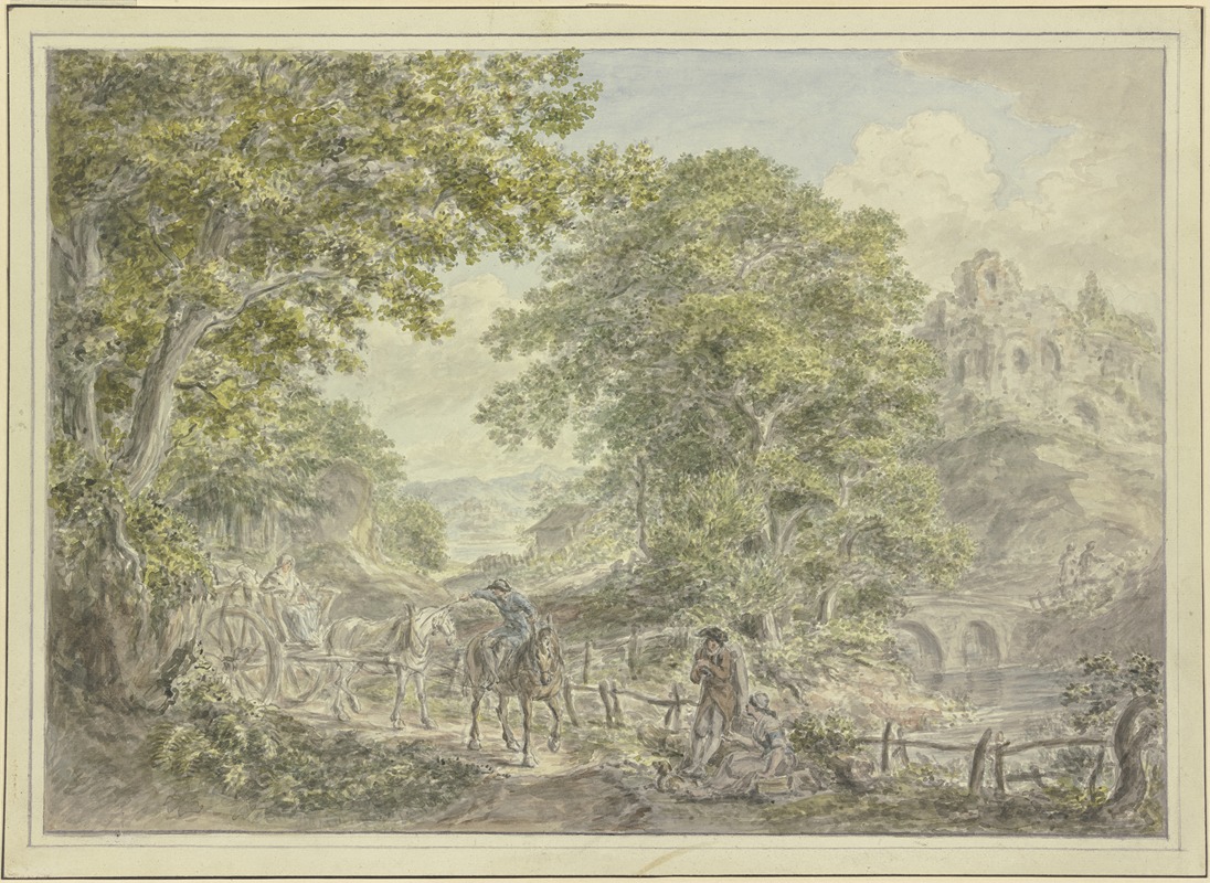 Hermanus van Brussel - Waldige Landschaft, links ein Leiterwagen mit zwei Pferden