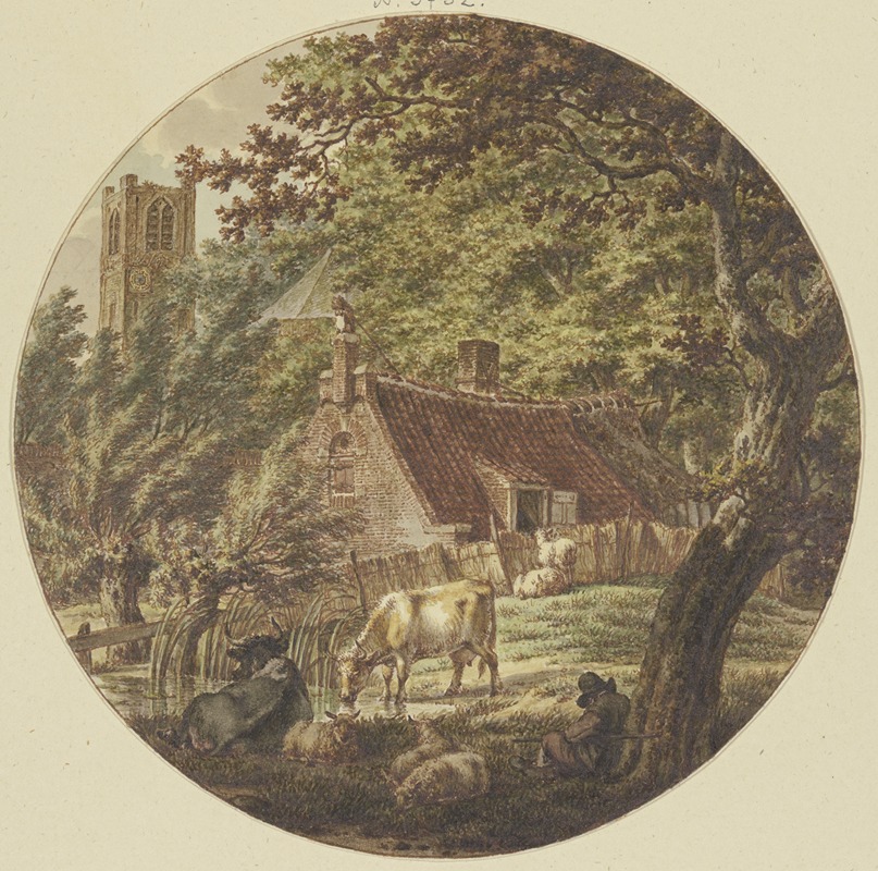 Jacob Cats - Hütte im Walde mit einigem Vieh, links ein Kirchturm